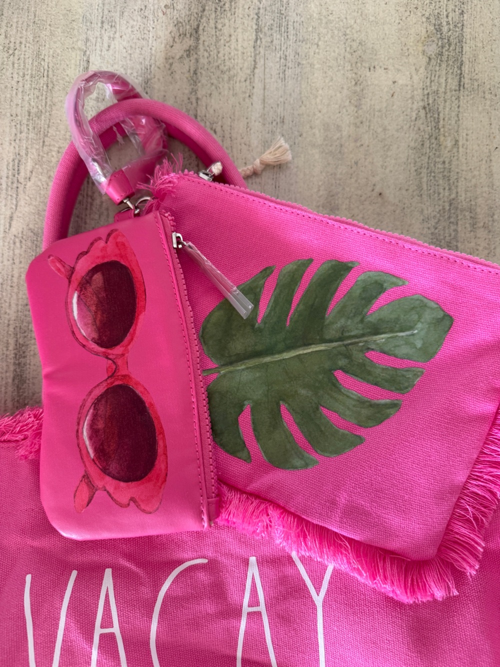Rae Dunn Vacay All Day Pink Tote With 2 Pouch Set - Picture 5 of 7